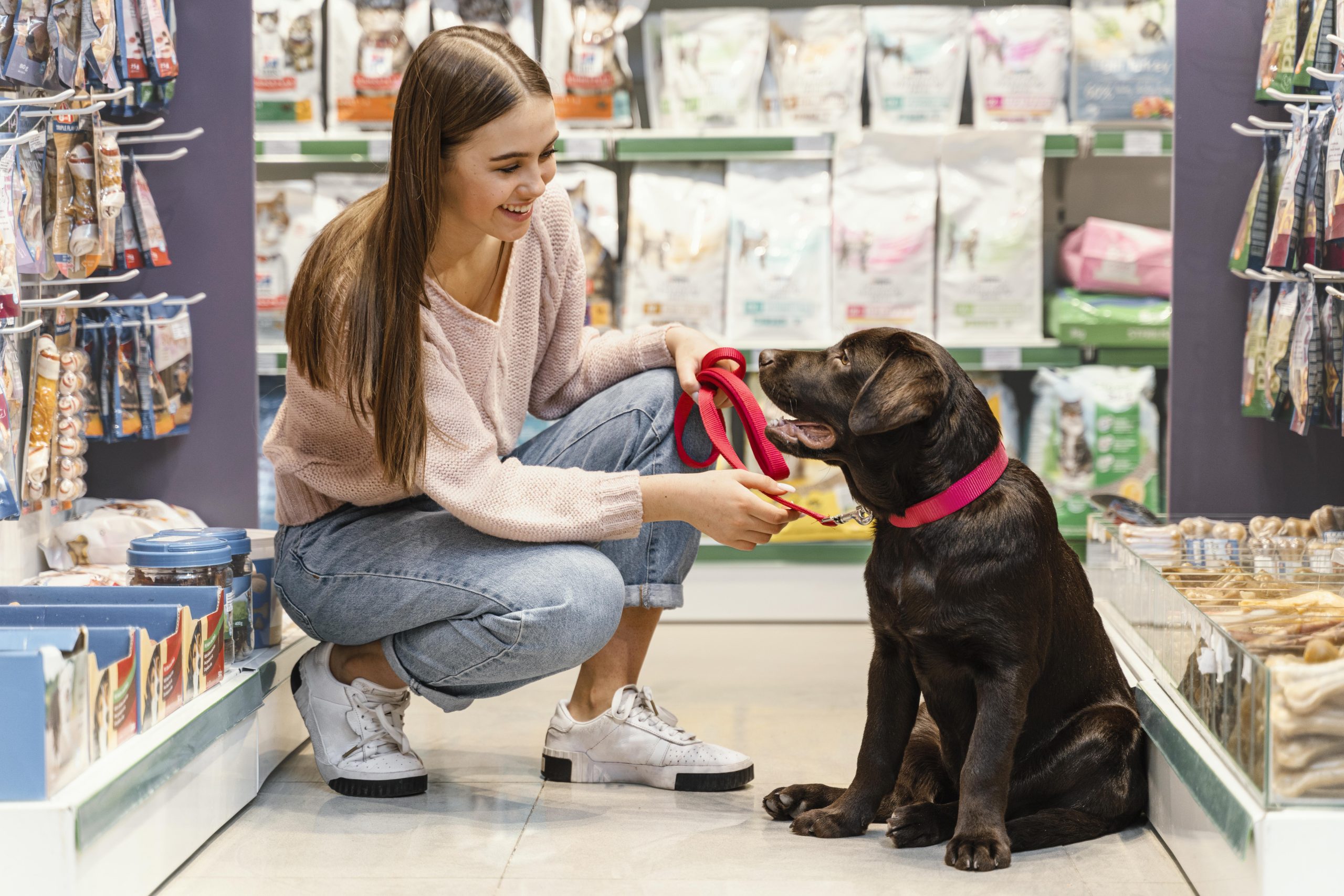adorable-dog-with-female-owner-pet-shop